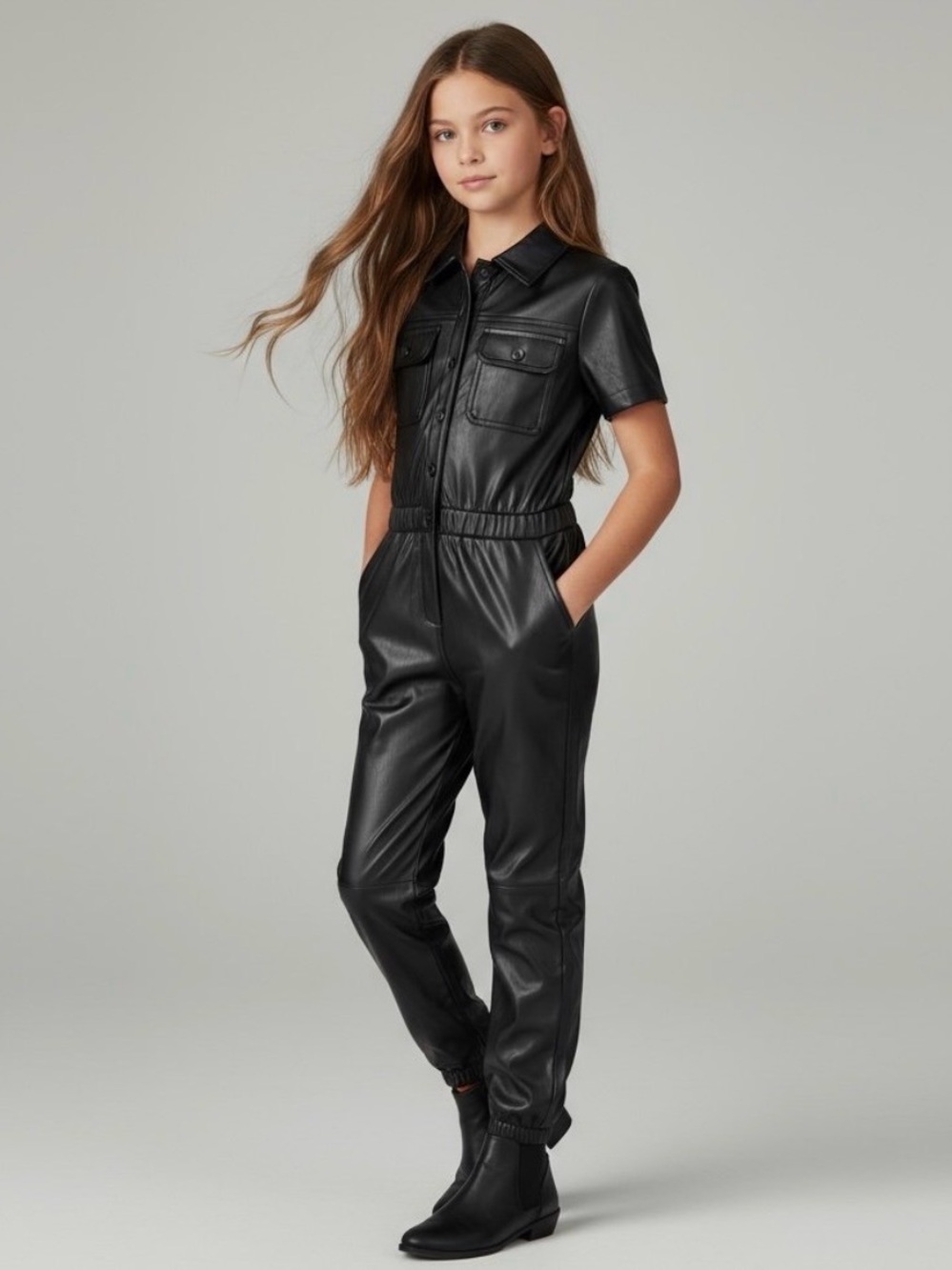 Girls' Black Faux-Leather Short-Sleeve Jumpsuit